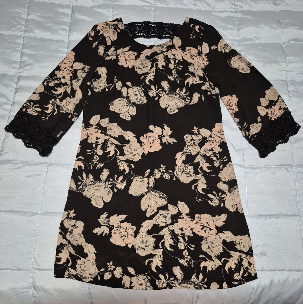 DR2 Black Dress with Cream/Pink Floral Design